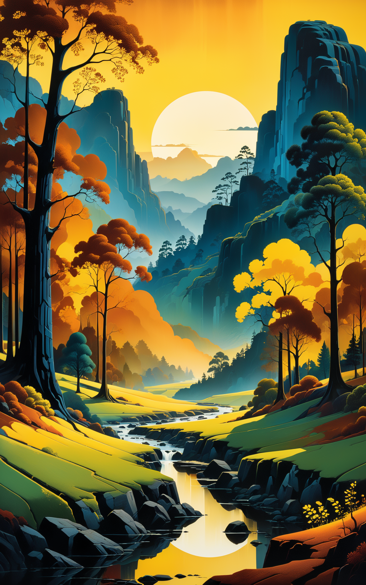 05598-2200693391-Create a painting of the base image landscape in the style of Eyvind Earle, complex background, medium_ old film grain, tetradic.png